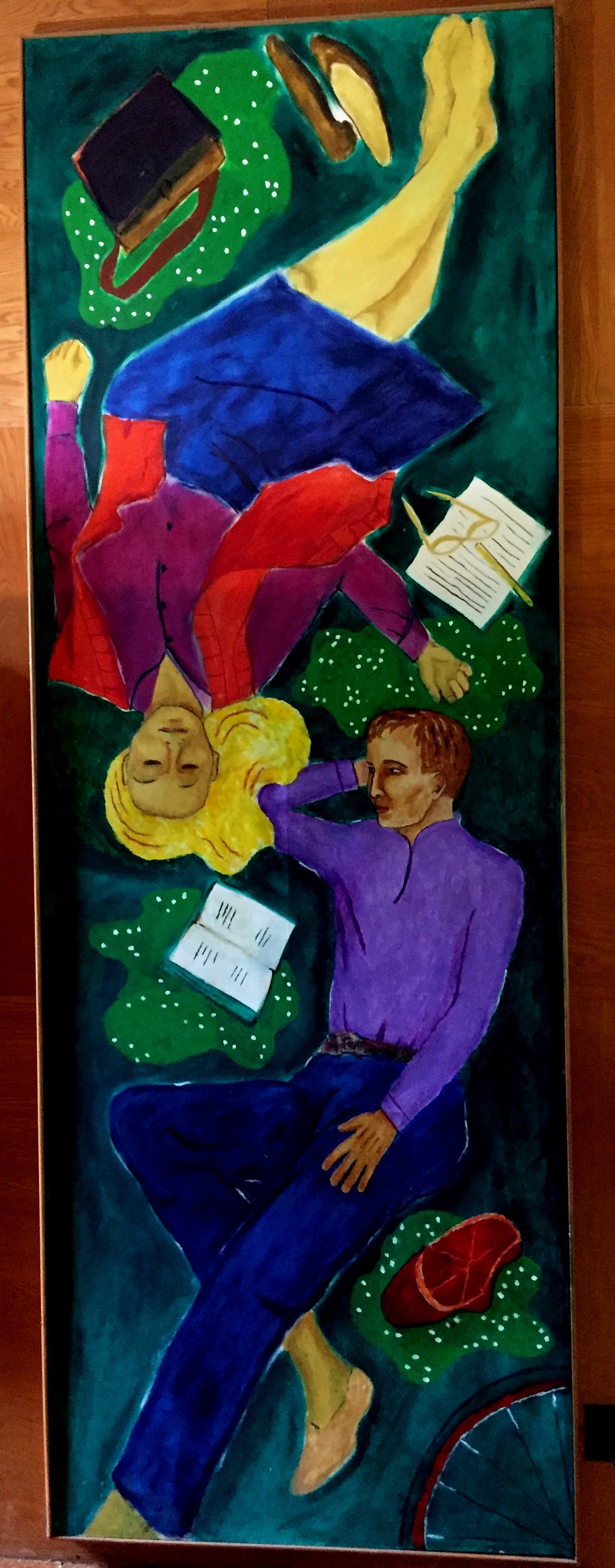 18h. Bicyclists resting in a field of daisies, birds-eye view. 3' x 12'. I've kept this painting for the reason I made it. The wall where it stands has large holes cut in it, the work of vandalism. To cover the damage, I built a 12 foot high stretcher, floor-to-ceiling, and invented a subject, the bicyclists, to fill it.