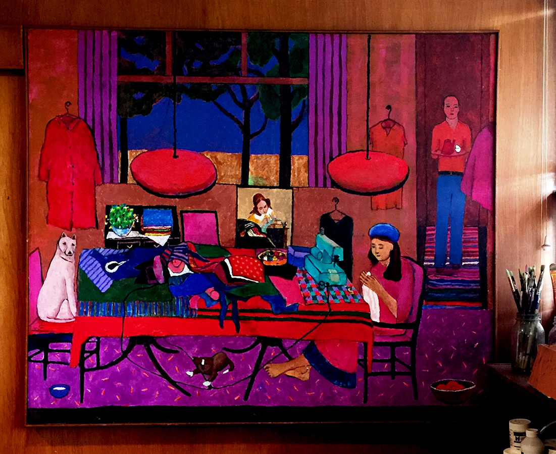 18d. Christa sewing. 5’ x 4’. She is kept company by Jan Vermeer’s Lacemaker.