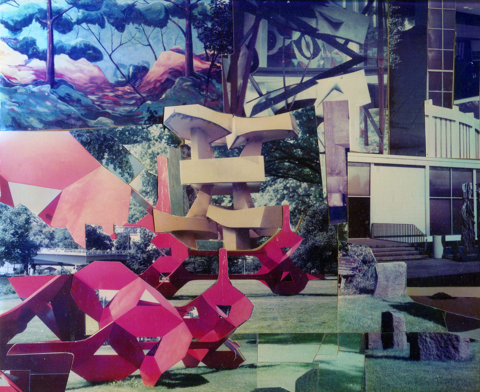 4c. Public sculptures in Eugene. 10” x 9”. Christa made photomontages, this one from photographs of several of the city’s many public sculptures.